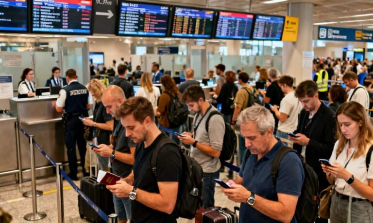 Busy airport check-in area with travelers standing in line and checking their phones, luggage at their feet.