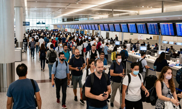 Crowded airport check-in area with long lines, airline counters, and large flight information boards; travelers with luggage, some wearing masks.