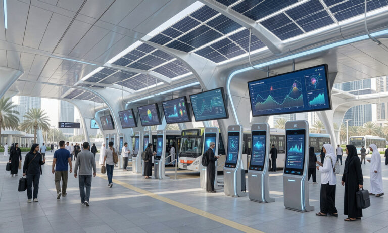 Futuristic train station platform with large touchscreen kiosks and a train approaching in the background
