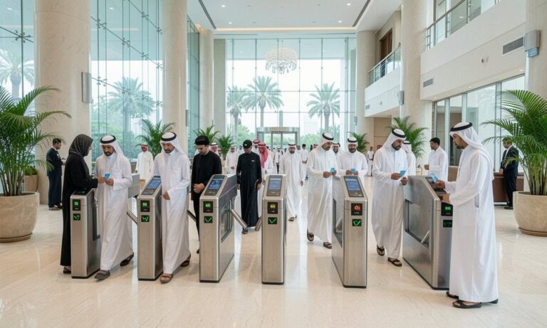Group of people in white kanduras using security turnstiles in a bright lobby with glass walls and palm plants.