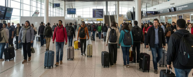 Crowded airport terminal with travelers pulling rolling suitcases and backpacks.