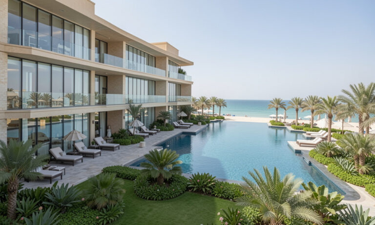 Modern hotel with glass balconies surrounding a large pool, lounge chairs, and palm trees overlooking a beach and ocean.