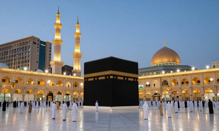 Black Kaaba at the center of Masjid al-Haram, surrounded by pilgrims in white ihram at dusk, with golden-lit arches and minarets in the background.