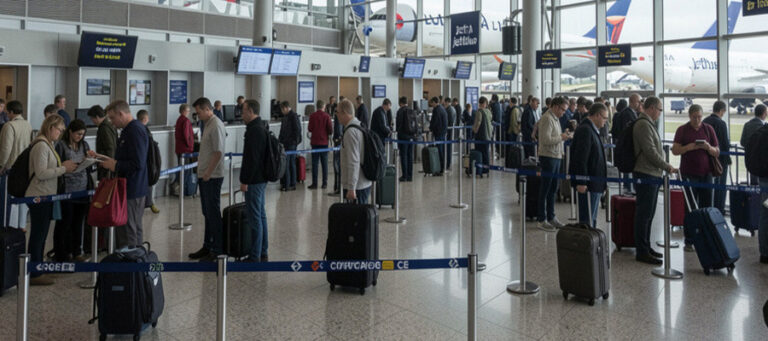 Crowded airport check-in area with travelers queuing behind blue barriers and rolling suitcases.
