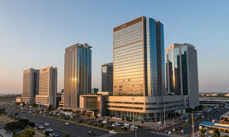 Skyscraper district at sunset with glass office towers and a busy street in front.
