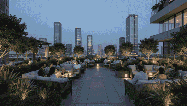Rooftop restaurant at dusk with groups dining under warm lights and a city skyline in the background.