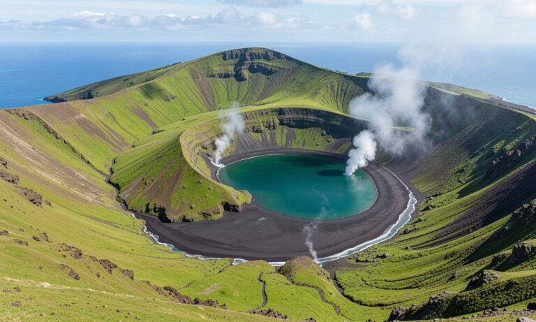 Volcanic crater lake with turquoise water inside a circular caldera, steam vents rising from the rim.