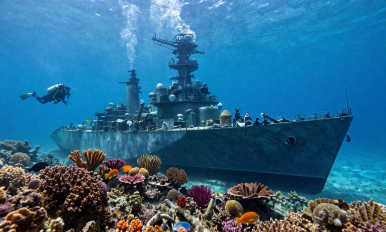 Underwater view of a sunken warship resting on a colorful coral reef with a scuba diver nearby.