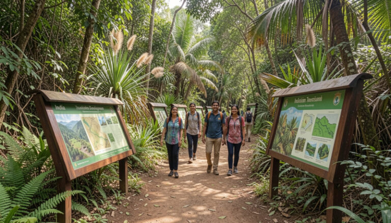 Group of five hikers walking along a dirt trail in a tropical forest with large informational signs on either side.