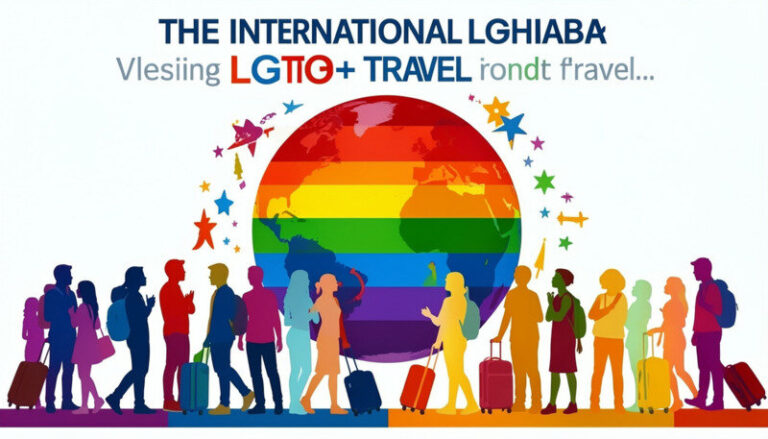 Diverse group of travelers with rolling suitcases in front of a rainbow globe, promoting inclusive LGBTQ+ international travel.