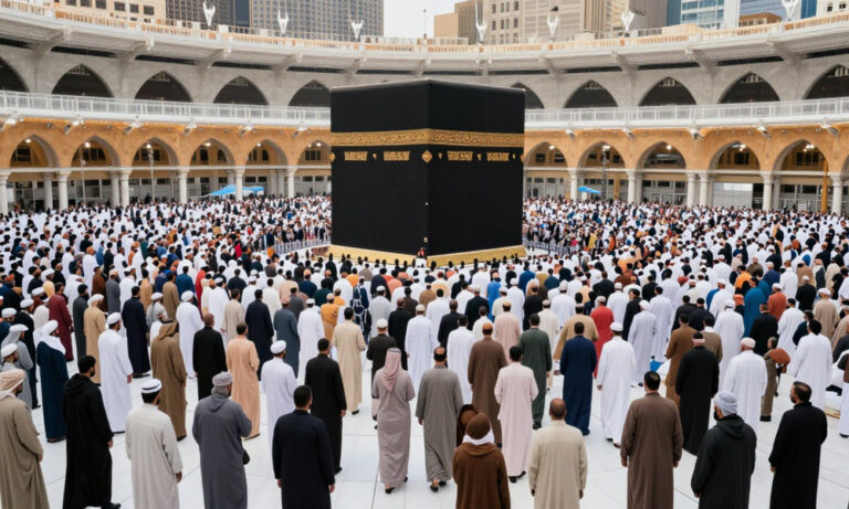 Large crowd of Muslim pilgrims surrounding the Kaaba at Masjid al-Haram in Mecca during Hajj.
