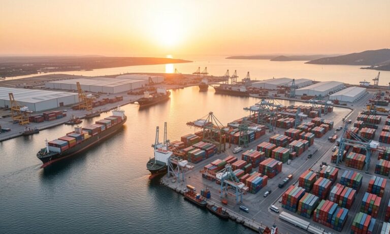 Sunset over a busy container port with cranes, ships, and stackedCargo containers along the pier.