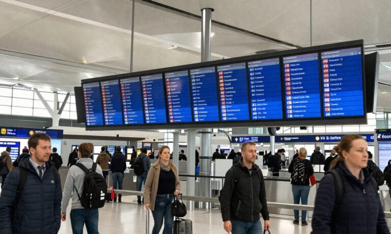 Flight information boards in a busy airport terminal with travelers walking and waiting nearby.