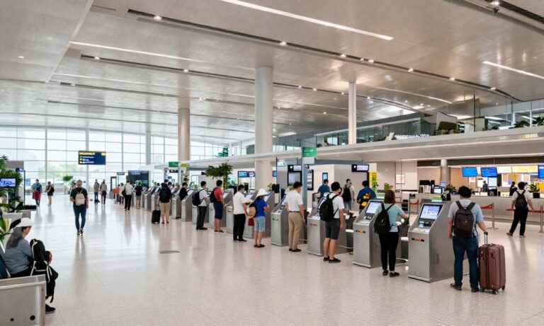 Passengers line up at self-service check-in kiosks in a bright airport terminal with luggage nearby