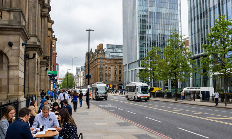City street scene with people dining at a sidewalk cafe, trees lining the road, and tall glass buildings in the background as buses pass by.
