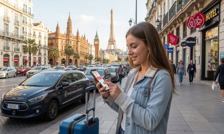 Woman with a suitcase on a Paris street looking at her phone with the Eiffel Tower in the background.