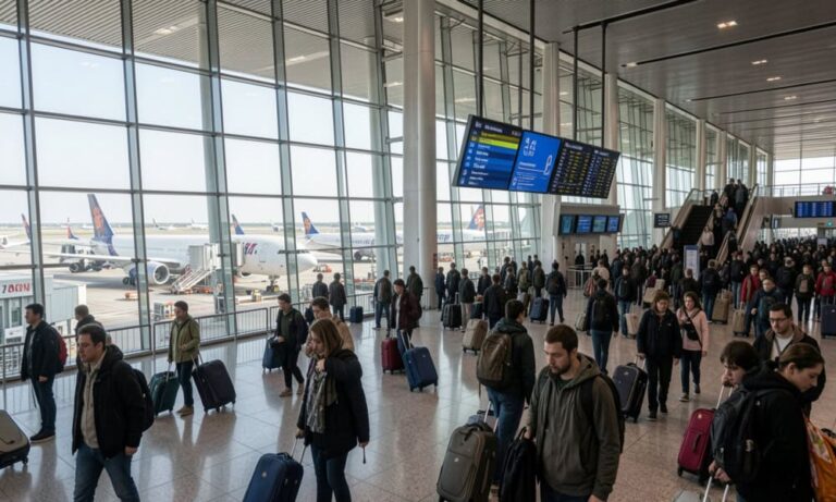 Busy airport terminal with travelers standing in line and pulling rolling suitcases, large windows, and flight information displays above.