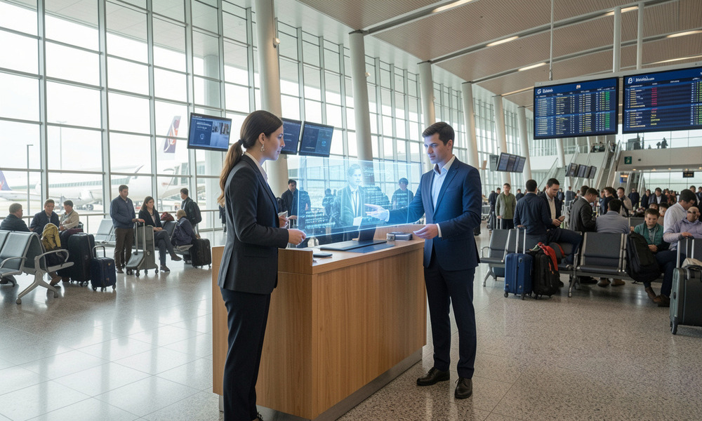 Airport check-in area: female agent at a wooden desk speaks with a male traveler as other passengers sit and wait in the background.