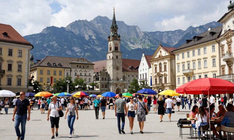 Busy European town square with colorful market umbrellas, historic buildings, and a high church tower against a mountain backdrop.