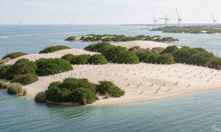 Sandy island with many seagulls resting among green shrubs, surrounded by calm blue-green water; distant cranes on the horizon.