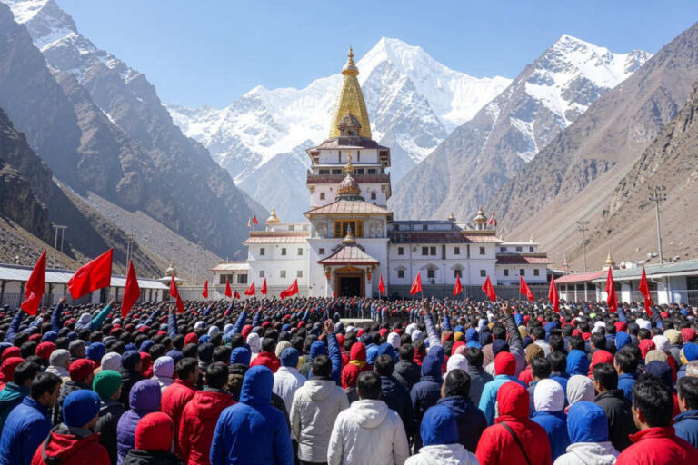 Large crowd in colorful jackets faces a white Buddhist monastery with a gold spire, set between snowy mountains.
