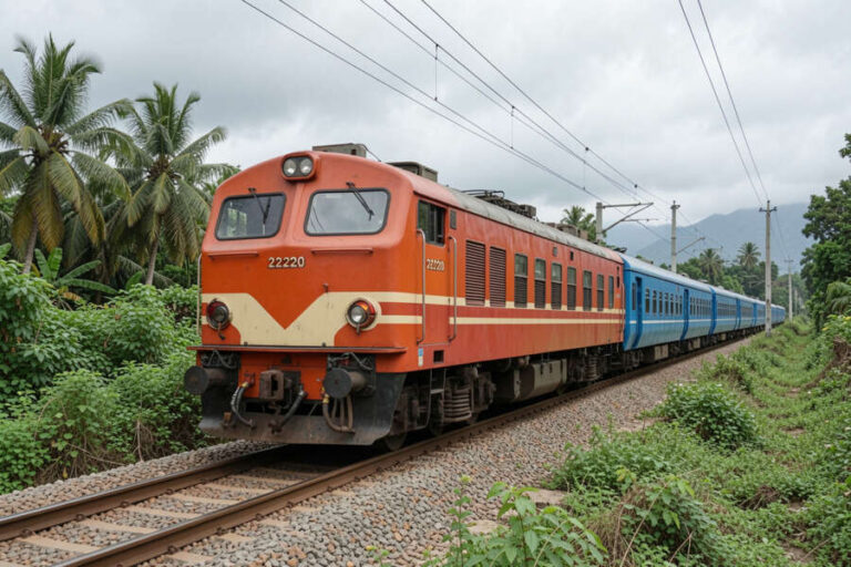 Orange diesel locomotive leading a blue passenger train on a single-track line through tropical greenery and palm trees.