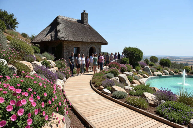 Group of people standing on a curved wooden path outside a thatched-roof stone cottage, surrounded by colorful flowers and a turquoise pool with a fountain.