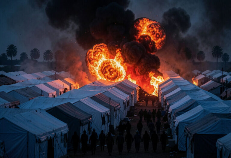 Massive explosion and fire erupting among white tents of a refugee camp, with people fleeing in silhouette amid dark smoke at dusk/s nightfall.