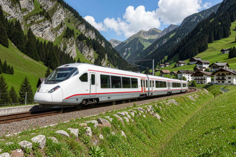 White high-speed train traveling along a curved track through an alpine valley with green hills and small village buildings nearby