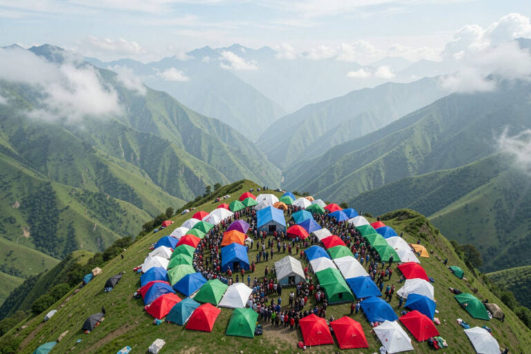 Colorful tents form a circle around a hilltop campsite, with hikers gathered in the center while green mountain ranges rise into a misty sky in the background.