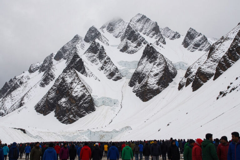 Crowd of travelers in colorful jackets gathered at the base of towering snow-covered mountains under an overcast sky.
