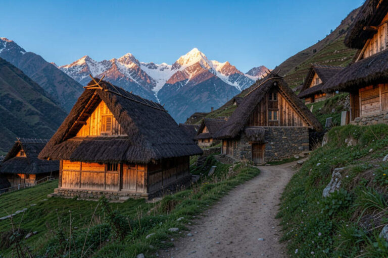 Traditional wooden cottages with steep thatched roofs along a dirt path in a mountain village, snow-capped peaks in the background.