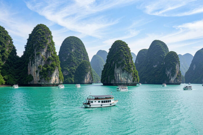 Turquoise sea with towering green limestone islets and multiple small boats cruising.