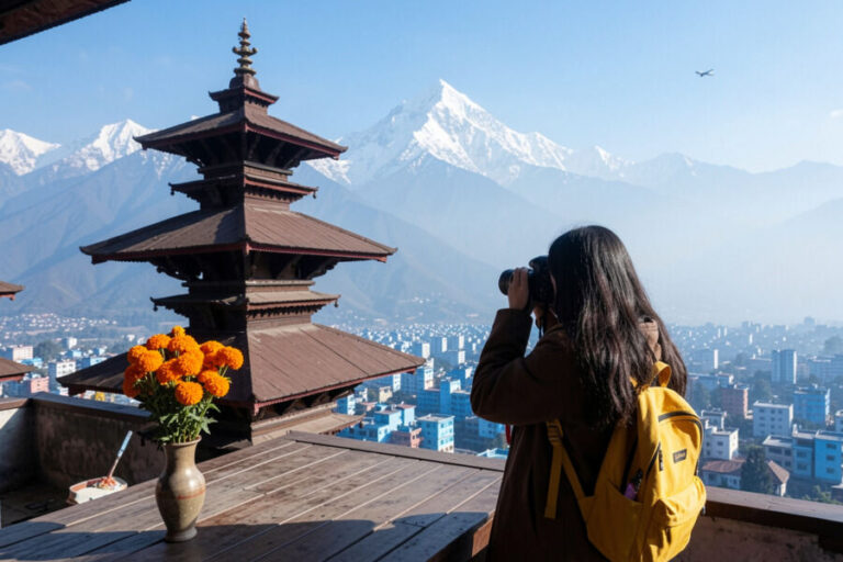 Woman with a yellow backpack takes photos from a rooftop terrace, with a multi-tiered pagoda, a vase of orange marigolds, and a city below against snowy mountains.