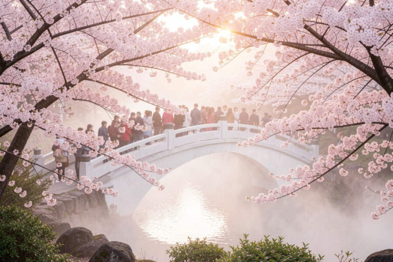 Cherry blossom branches frame a white arched bridge crowded with people over a misty river at sunrise/sunlight.