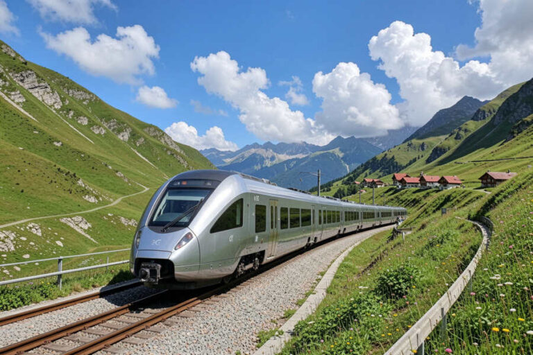 Modern silver passenger train curves along a track through a lush alpine valley with green hills and a blue sky filled with white clouds.