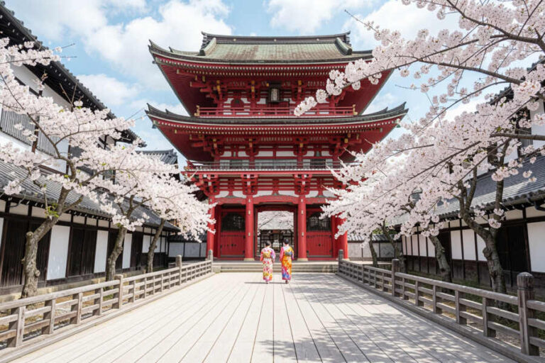 Red, multi-tiered Japanese temple gate framed by blooming cherry blossoms; two people in kimonos walk toward it.