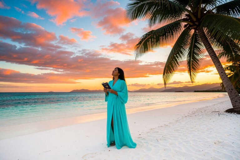 Woman in a turquoise dress stands on white-sand beach at sunset, holding a book near the turquoise sea and palm trees.