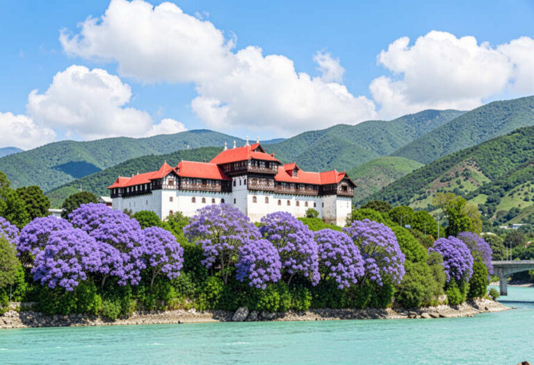 Castle-like white fortress with red roofs on a small island, surrounded by purple jacaranda trees and turquoise water with green mountains in the background.