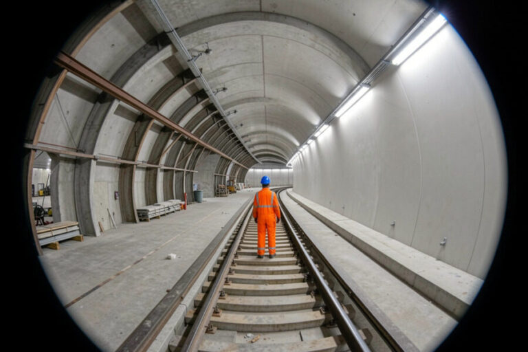Construction worker in orange high-visibility suit and blue helmet standing on train tracks inside a curved tunnel under construction.