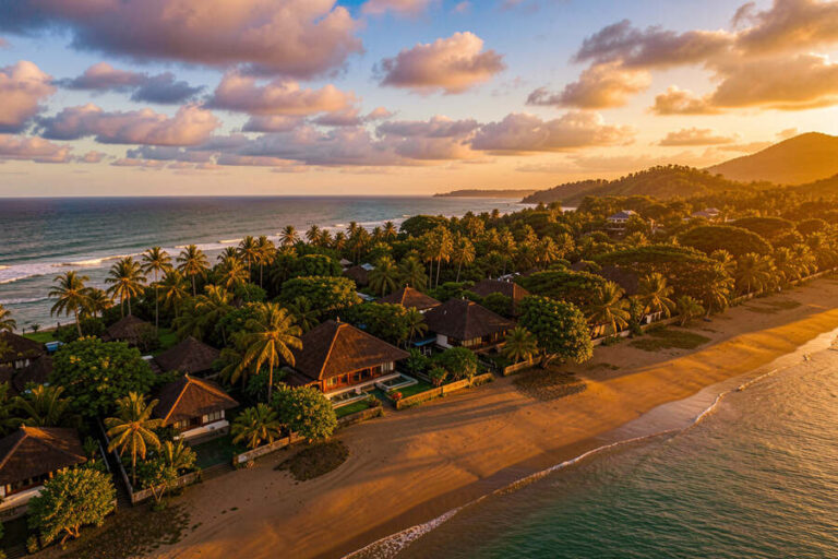 A tropical beachfront resort with thatched huts and palm trees at sunset along a sandy shore.