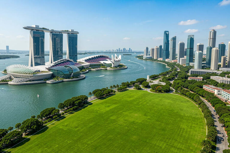 Aerial view of Singapore's Marina Bay: Marina Bay Sands, ArtScience Museum, and a large green park along the water.