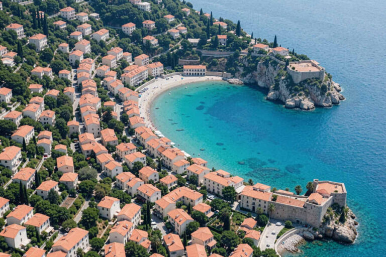 Aerial view of a crescent beach in a seaside town, turquoise water, orange-roofed houses along a hillside, and a fortress on a rocky promontory.