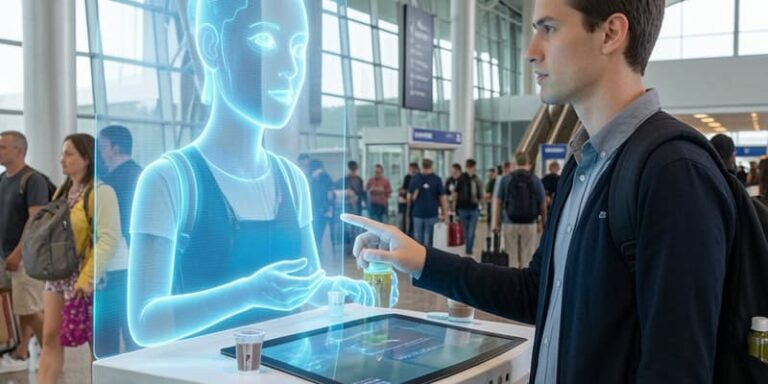 Man with backpack taps a blue holographic assistant at a touchscreen information kiosk in a busy airport.