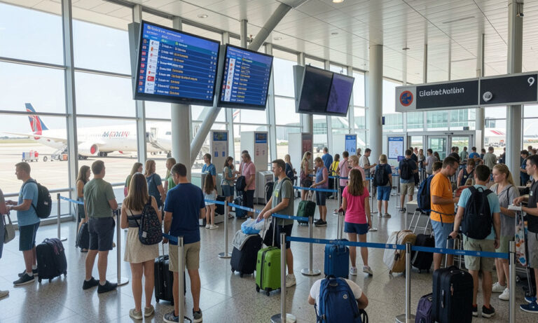 Passengers with rolling suitcases stand in a crowded airport check-in/boarding area behind blue queue barriers, with large flight-information displays overhead and planes visible through glass walls.