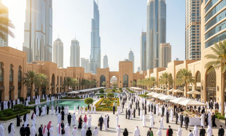 Wide sunlit courtyard with palm trees and beige arches, hundreds of guests in white robes at a formal outdoor event; glass skyscrapers in the distance.