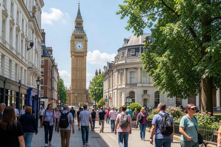Busy street in London with Big Ben in the background and pedestrians walking along elegant white buildings.",