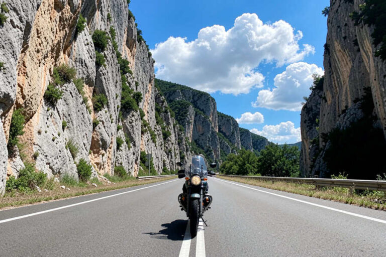 Motorcycle riding toward the camera on a straight two-lane road through a canyon of tall rock cliffs under a blue sky with clouds.