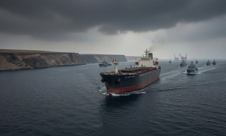Large cargo ship leads a convoy through dark, choppy water with cliffed coastline on the left under stormy skies.