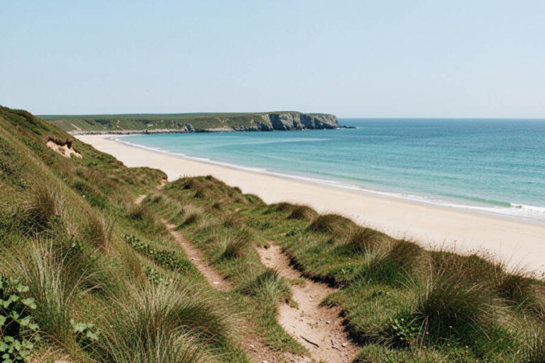 Dune-lined coastal path leading to a sandy beach and turquoise sea under a clear blue sky, with grassy dunes on both sides and distant cliffs across the water.